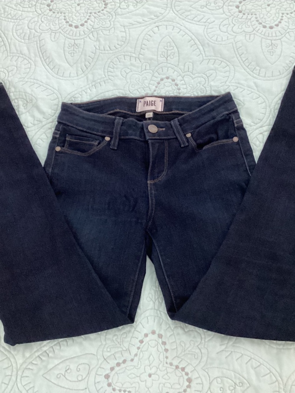 Paige, size 24, dark blue wash, skinny, imperfect